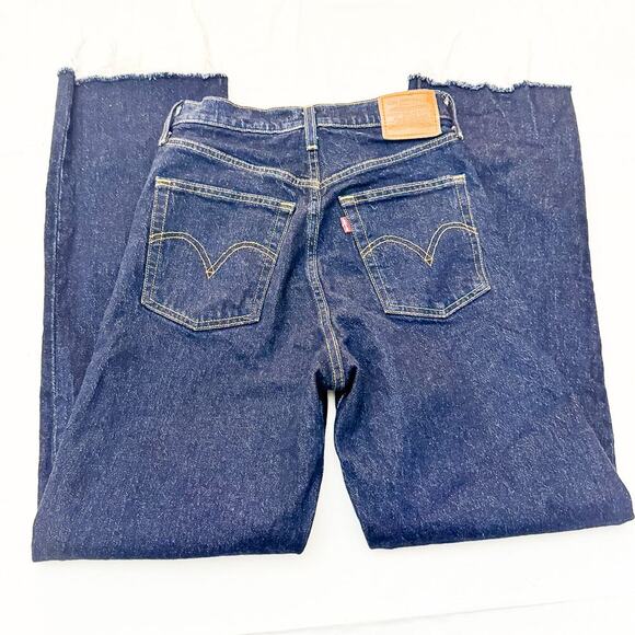 Levi's Ribcage Straight Dark Wash Button Fly Denim Jeans Raw Hem Size 28 - Picture 5 of 9